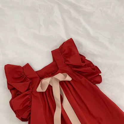 BreezeBloom – Ruffled Flying Sleeve A-Line Dress with Back Bow